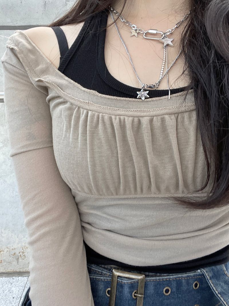 airy Off-Shoulder Shirring Long sleeve