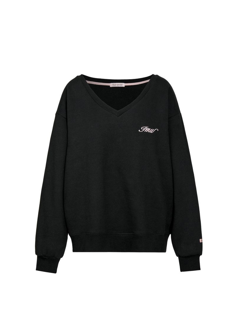 Lettering Deep V-Neck Sweatshirt (BLACK)