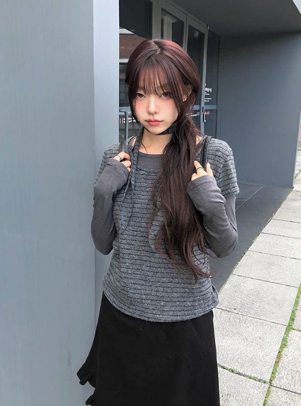 anyonemore（エニーワンモアー）の「[Muffler Set/Fake Layered] チャドストライプレイヤードショートスリーブニットTシャツセット（トップス）」