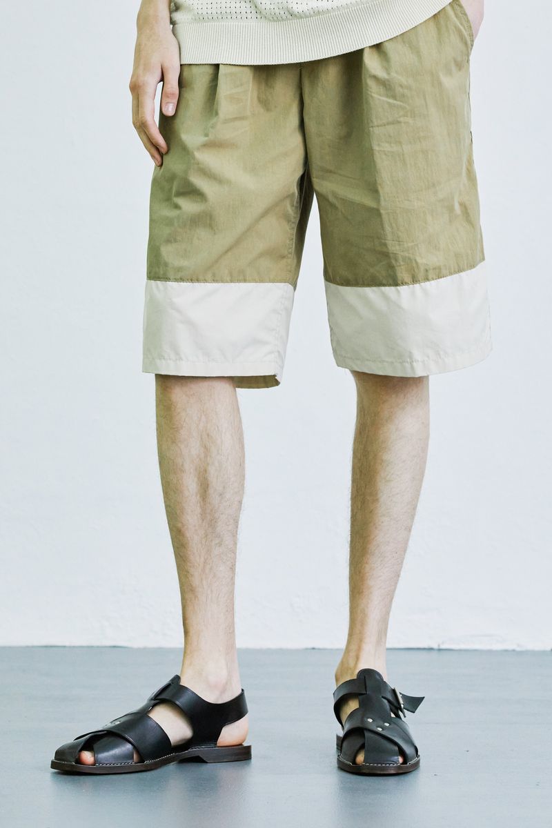 color block banding half nylon pants beige