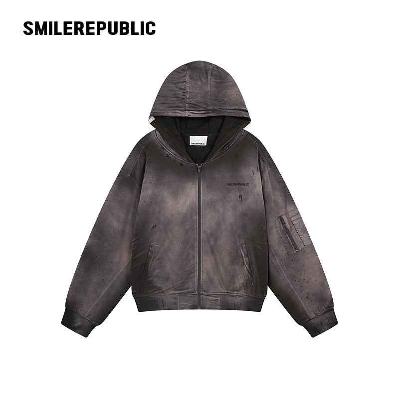 Distressed Cotton Rhinestone Embellished Full Zip Hoodie with Utility Sleeve Pocket, Oversized Streetwear Style