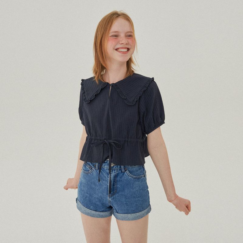 RUFFLE COLLAR CROP BLOUSE_NAVY