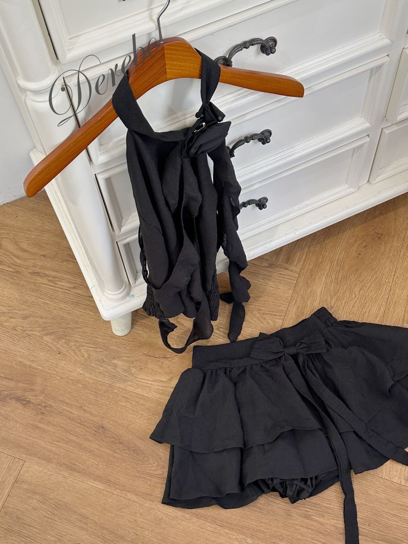 black rose frill halter neck skirt two-piece