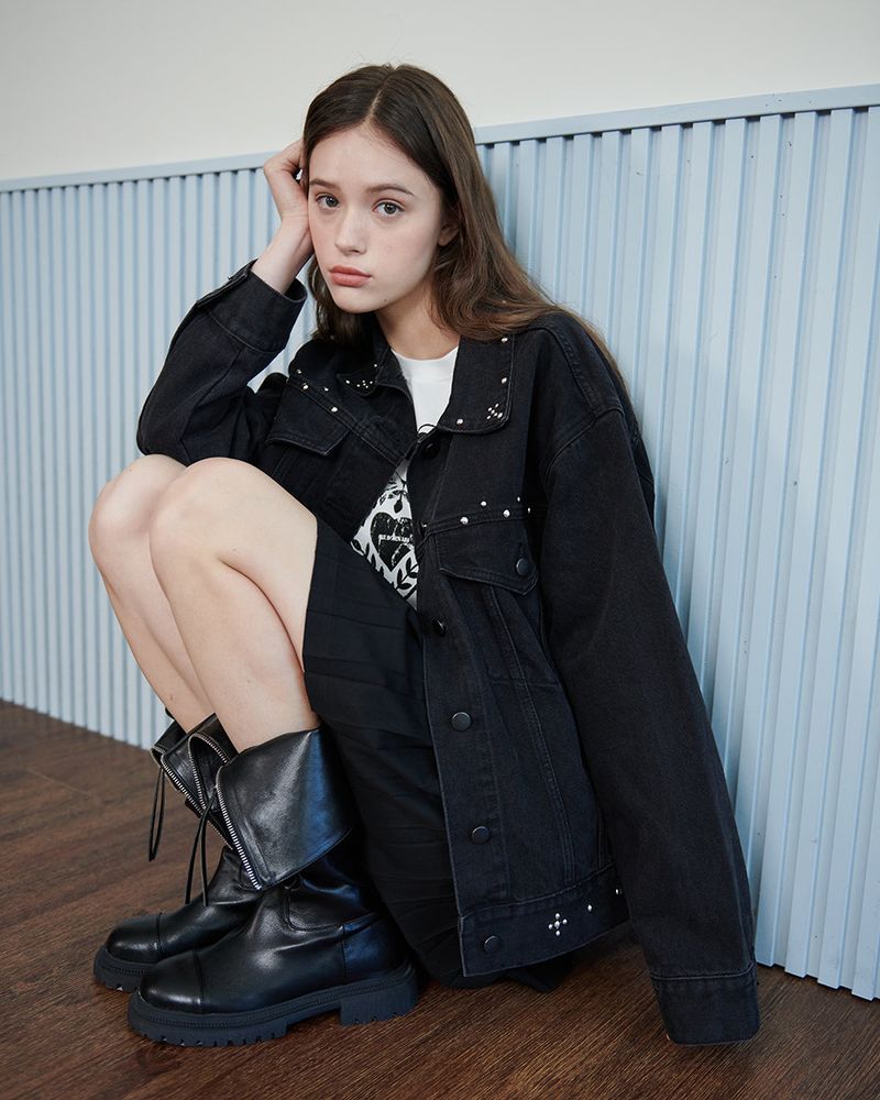 STUDDED DENIM JACKET [BLACK]