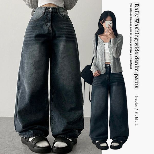 Loafing Natural Washing Daily Denim Wide Pants
