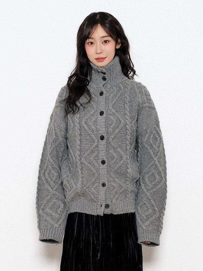 Turtleneck Two Buttons Cardigan C8 Dark gray Melange