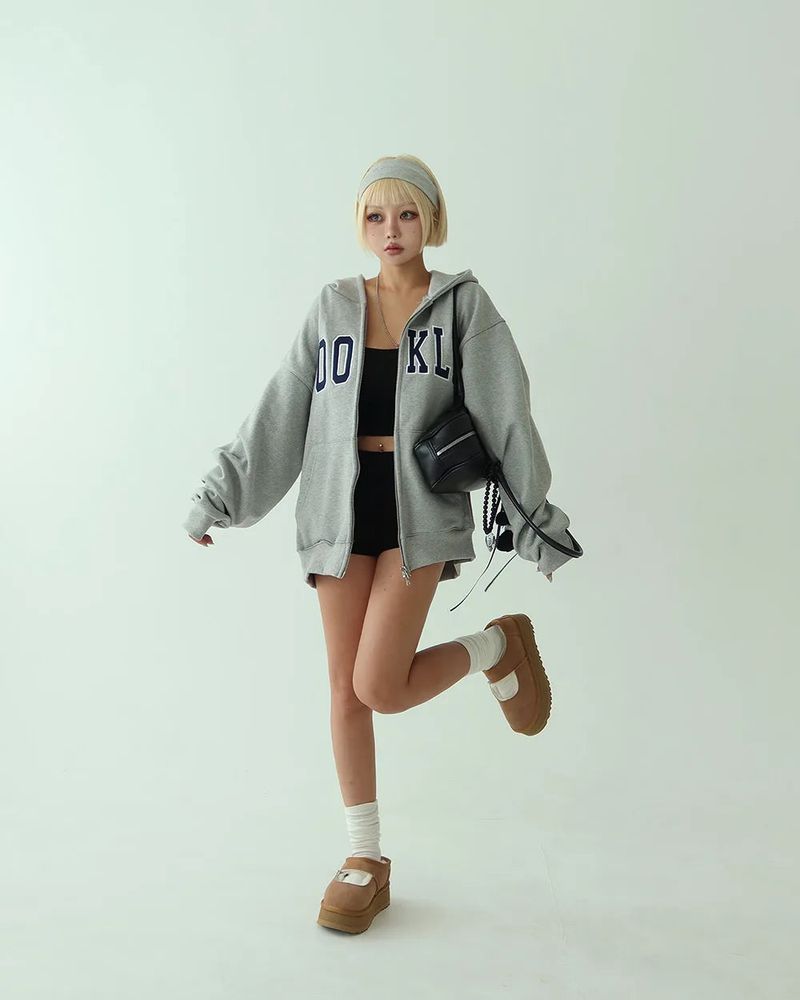 [UNISEX] Lettering Patch Two-Way Oversized Hoodie Zip-Up