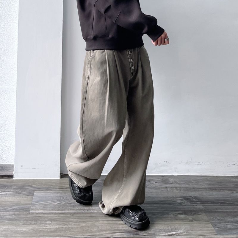 Vintage Washed Button-Fly  Wide Trousers