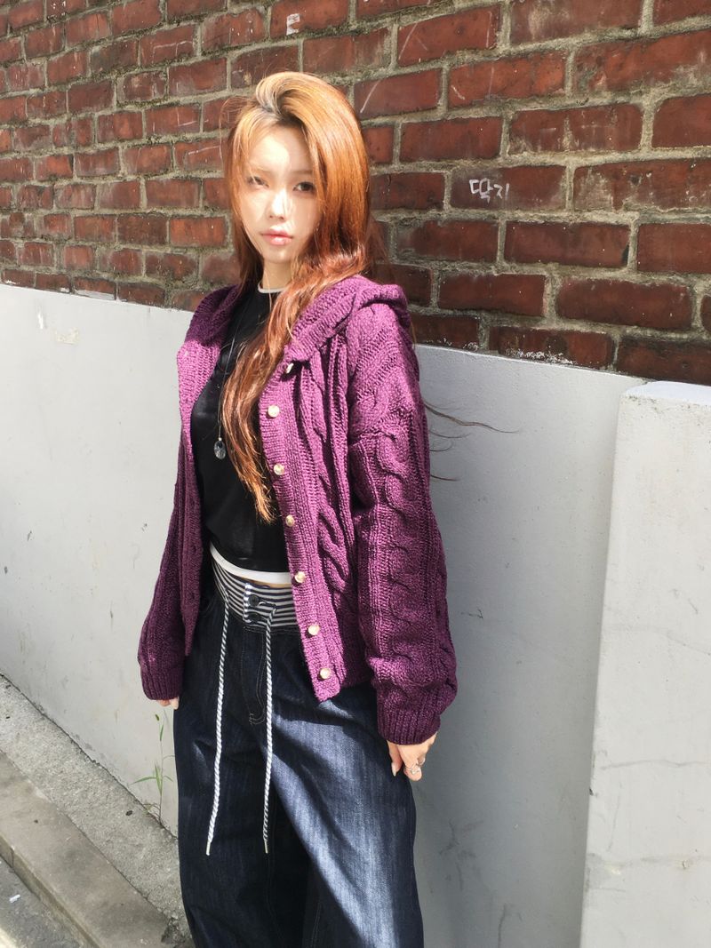Witty Cable Hooded Knit Cardigan (5c)