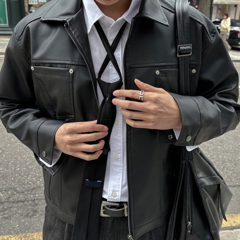 LMN Rivet Tracker Short Leather Jacket (black)