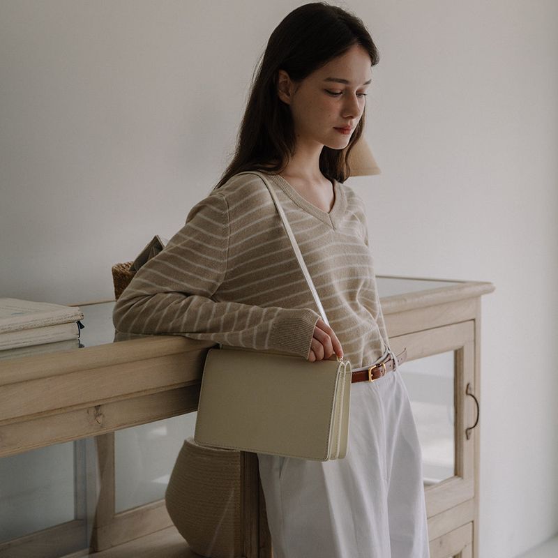 V-neck Stripe Knit - Beige
