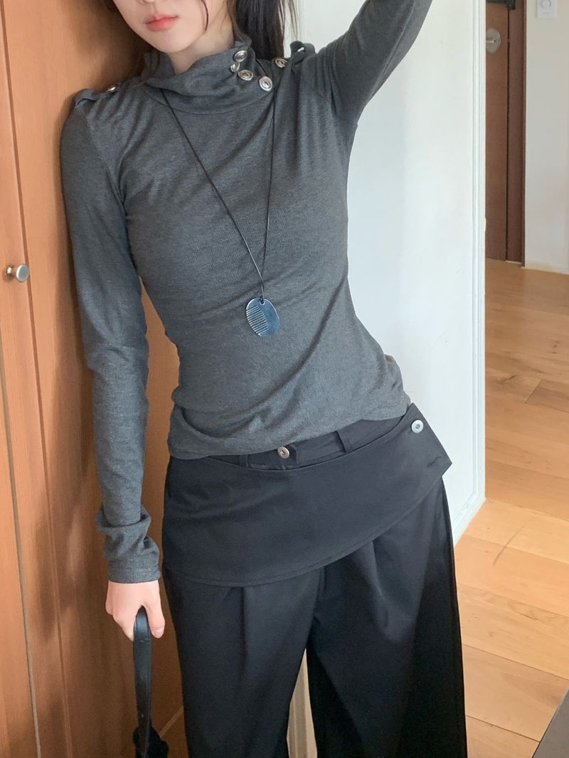 Close Pintuck Wrap Two Button High Waist Long Wide Pants