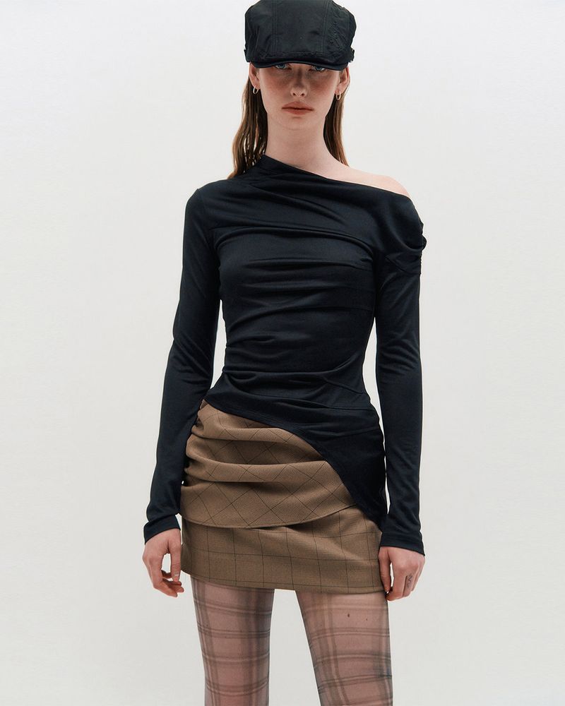 One Shoulder Draped Jersey Top _ BLACK