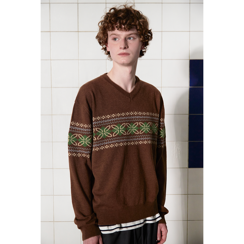 CLOVER ARGYLE V NECK KNIT / BROWN
