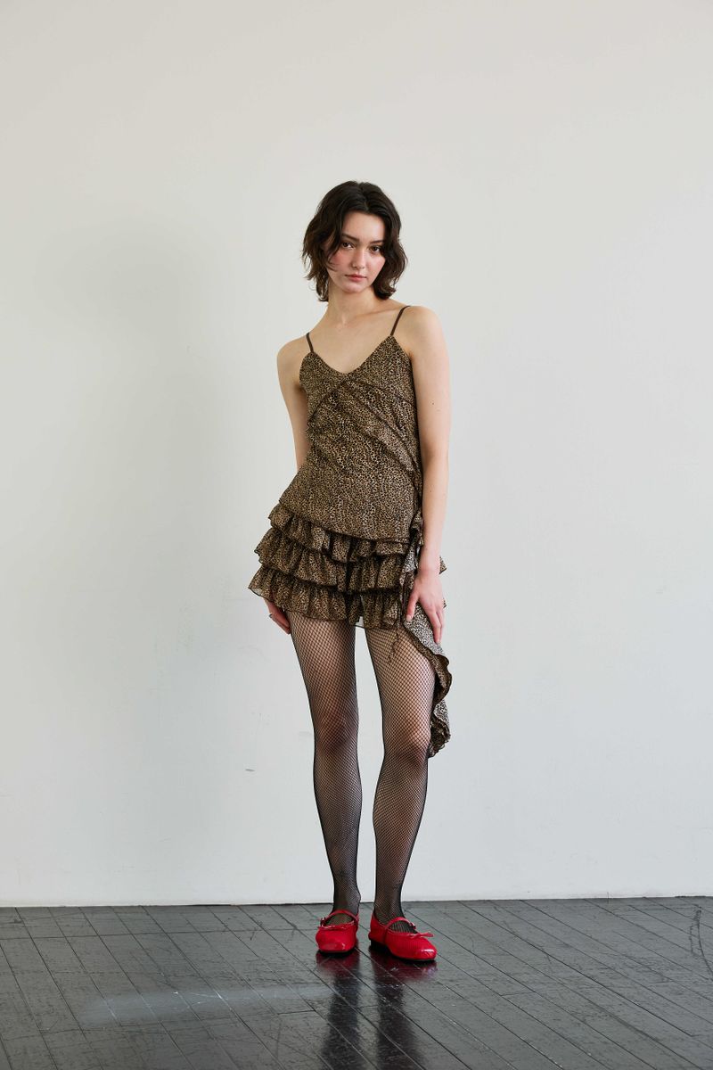 LEOPARD FRILL SLEEVELESS TOP / BROWN