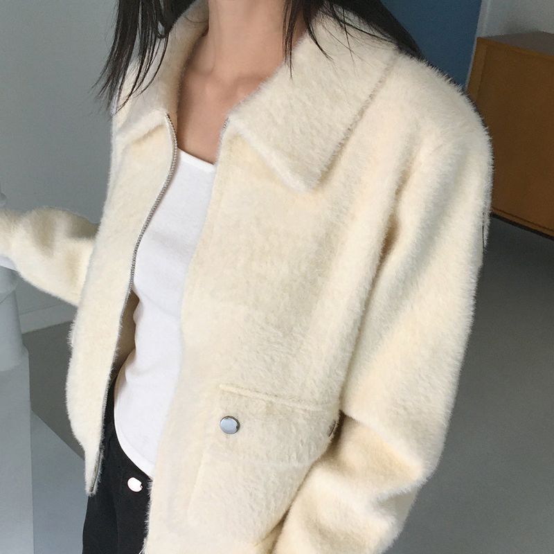 Lauson Flap Pocket Angora Fur Collar Zip-Up