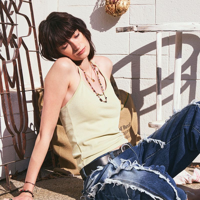 Beads Pigment Halter Neck Sleeveless Lemon