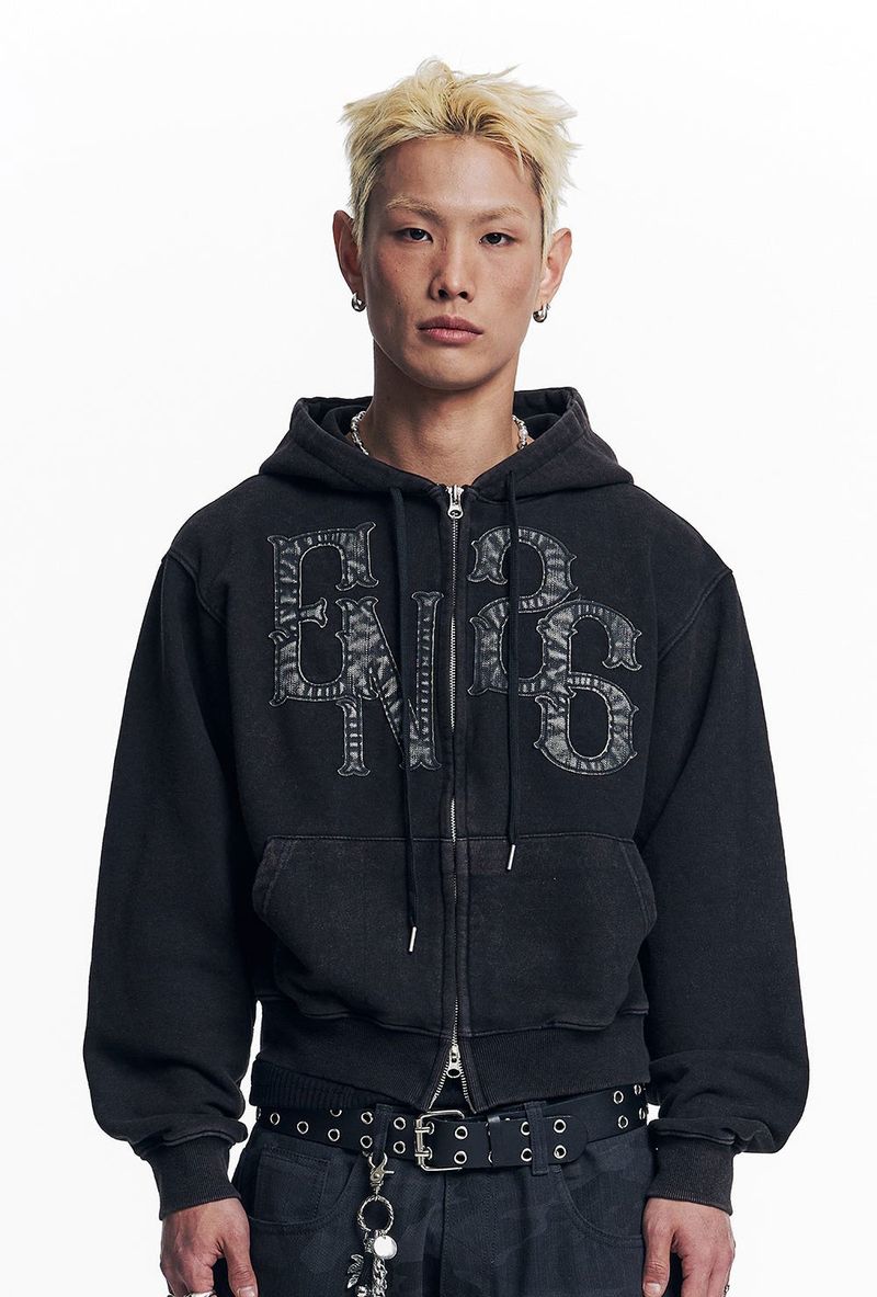 Washed Leather Patch Hooded Zip-Up - Black