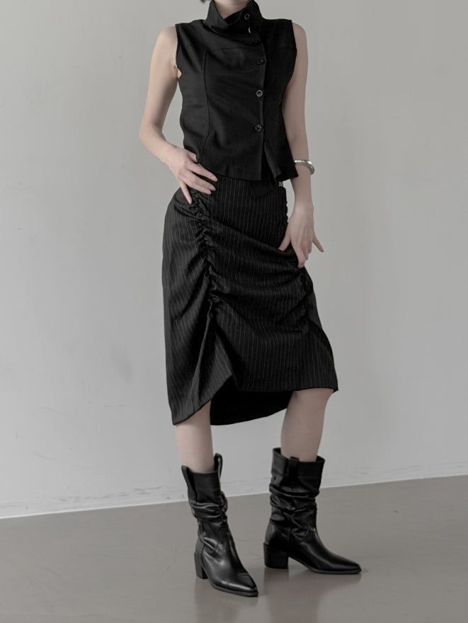 Rev Stripe Shirred Midi Skirt