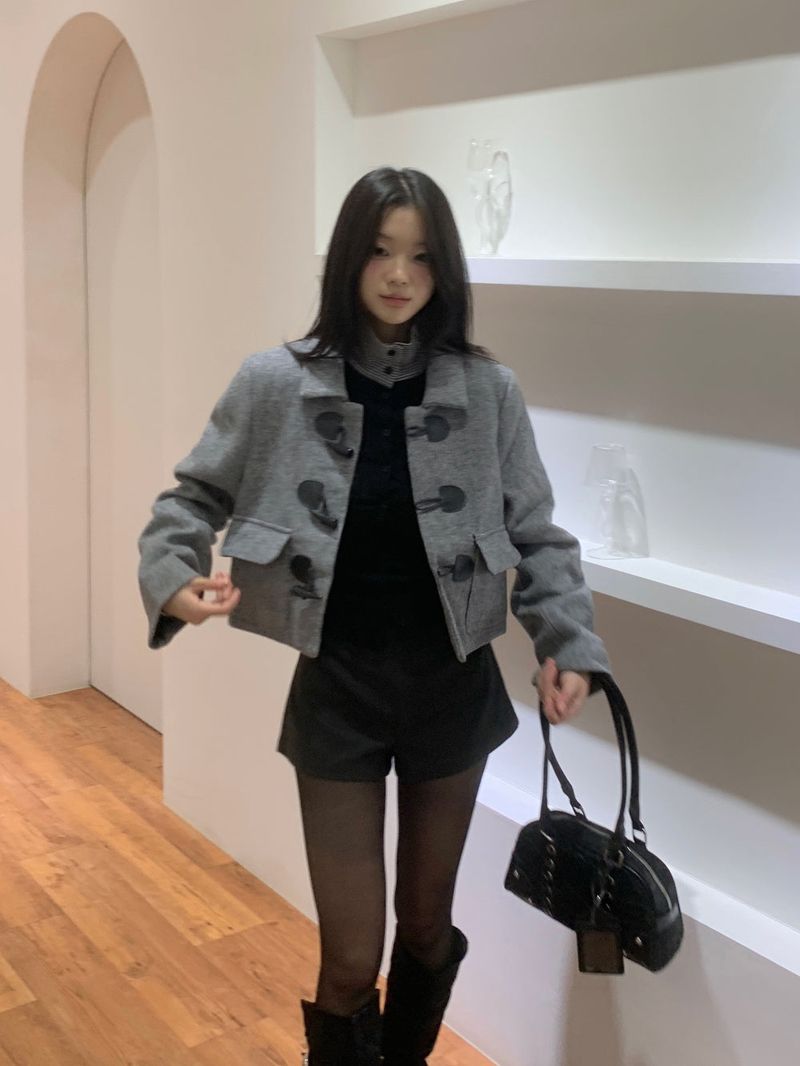 British Gray Duffel Button Quilted Crop Coat