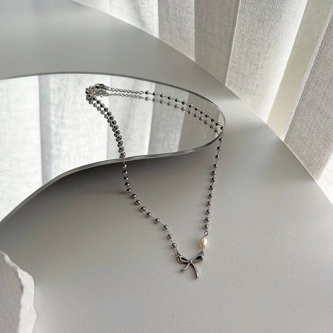ari Ballet Core Ribbon Serious Steel Freshwater Pearl Short Choker Ball Layered Necklace (choose from 2)