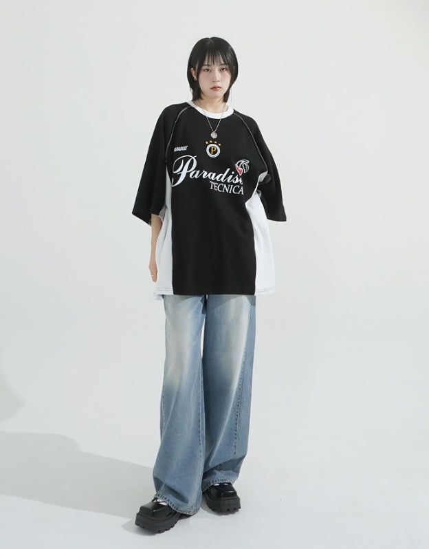Side folding wide fit denim pants