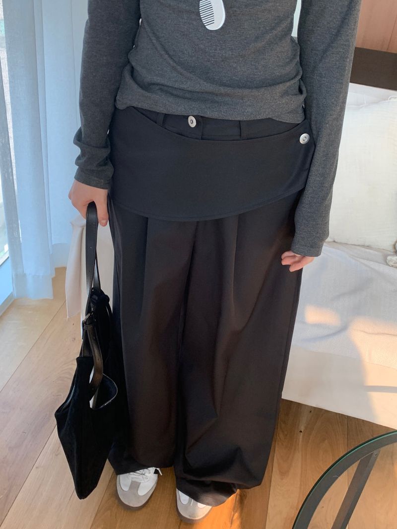 Close Pintuck Wrap Two Button High Waist Long Wide Pants