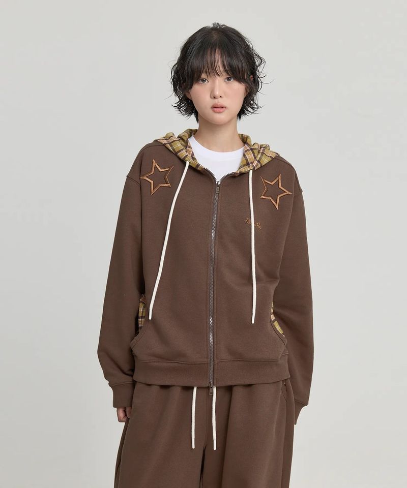 Check Star Embroidery Hoodie Zip Up