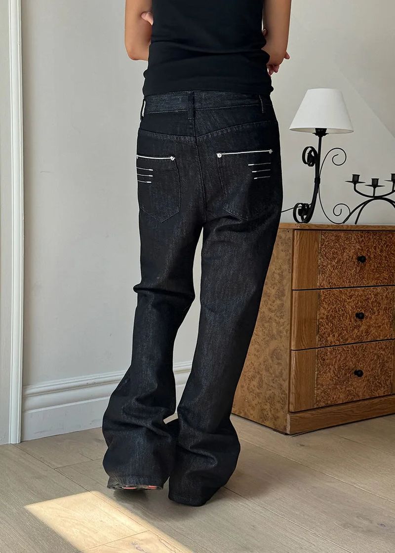 UNISEX) LEATHER STITCH FLARE DENIM (S-L)