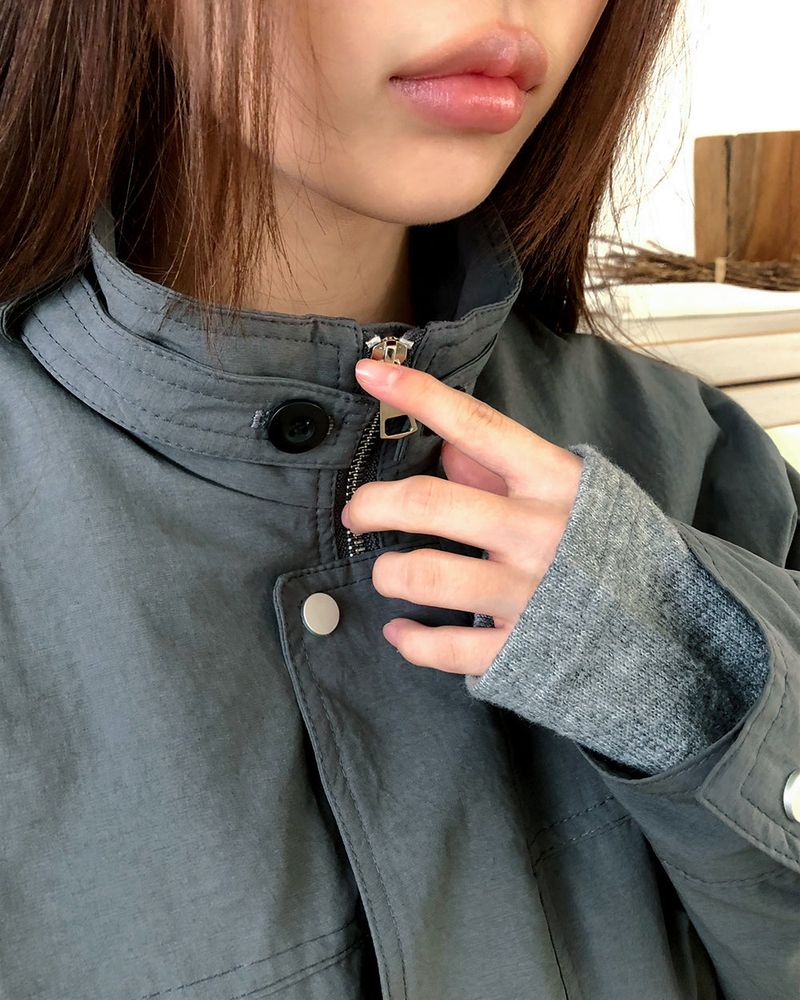 Risha No-Collar Strap Button Quilted Cotton Field Jacket