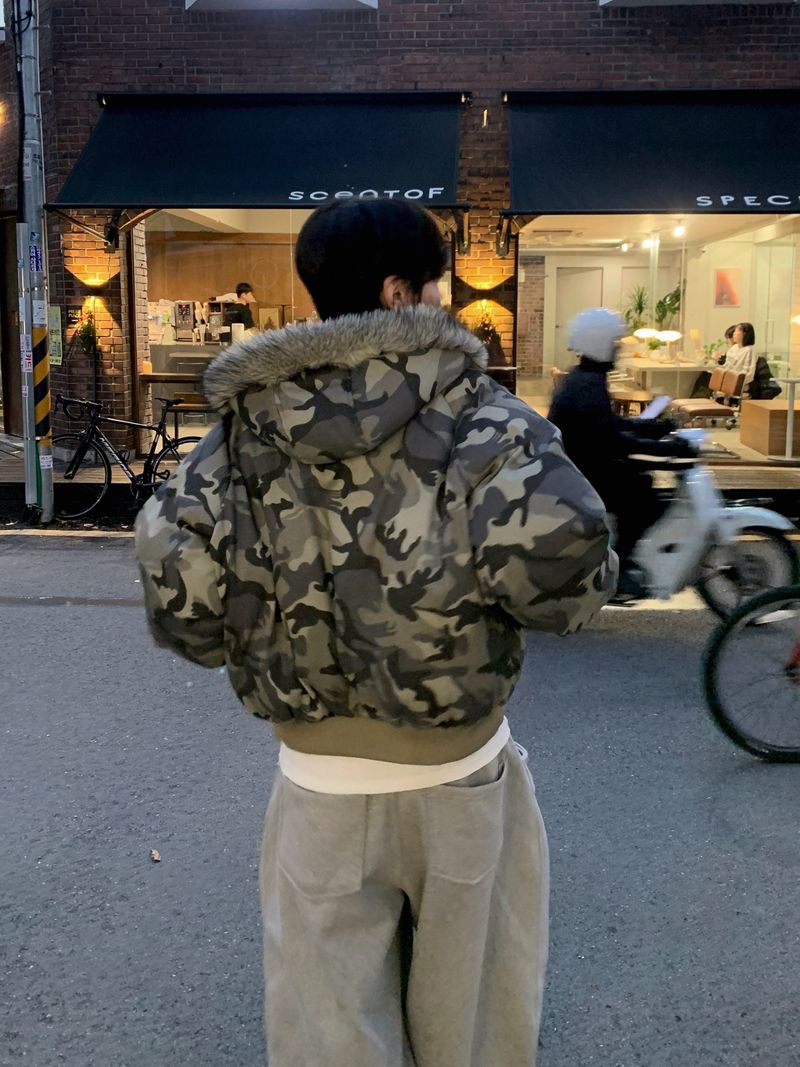 Jean Camo Raccoon Crop Puffer Jacket
