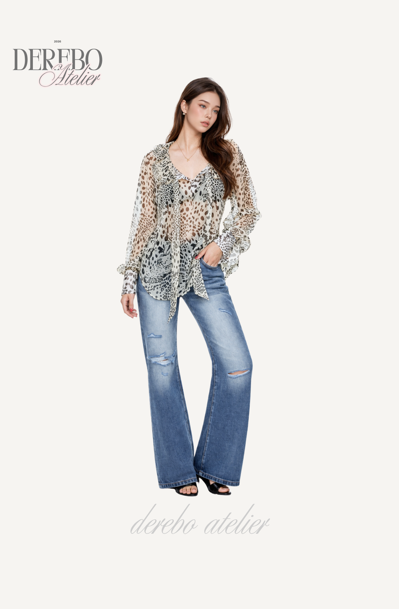 Leopard see-through frill blouse