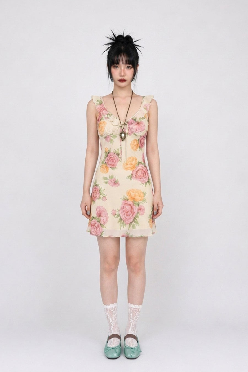 VINTAGE ROSE RUFFLE-STRAP MINI DRESS