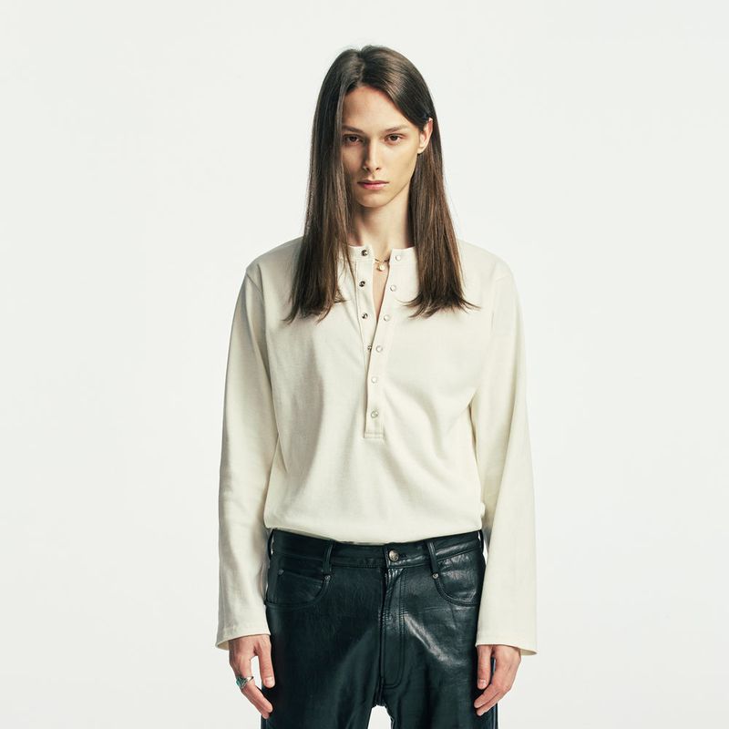 below button-down henry neck long sleeve ivory
