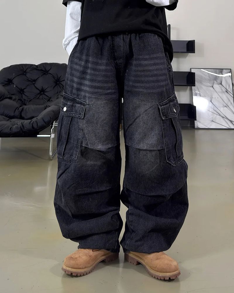 Bern diagonal cargo wide denim pants