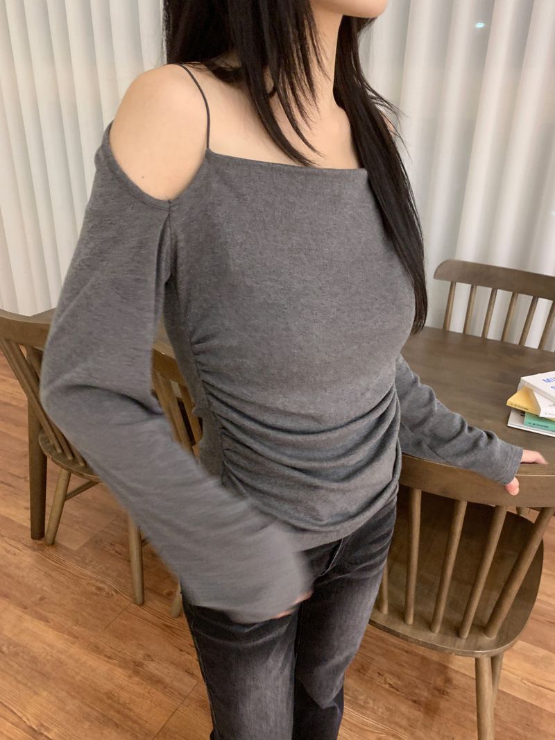 Jenn Muse Off-Shoulder Strap Drape Long Sleeve Top