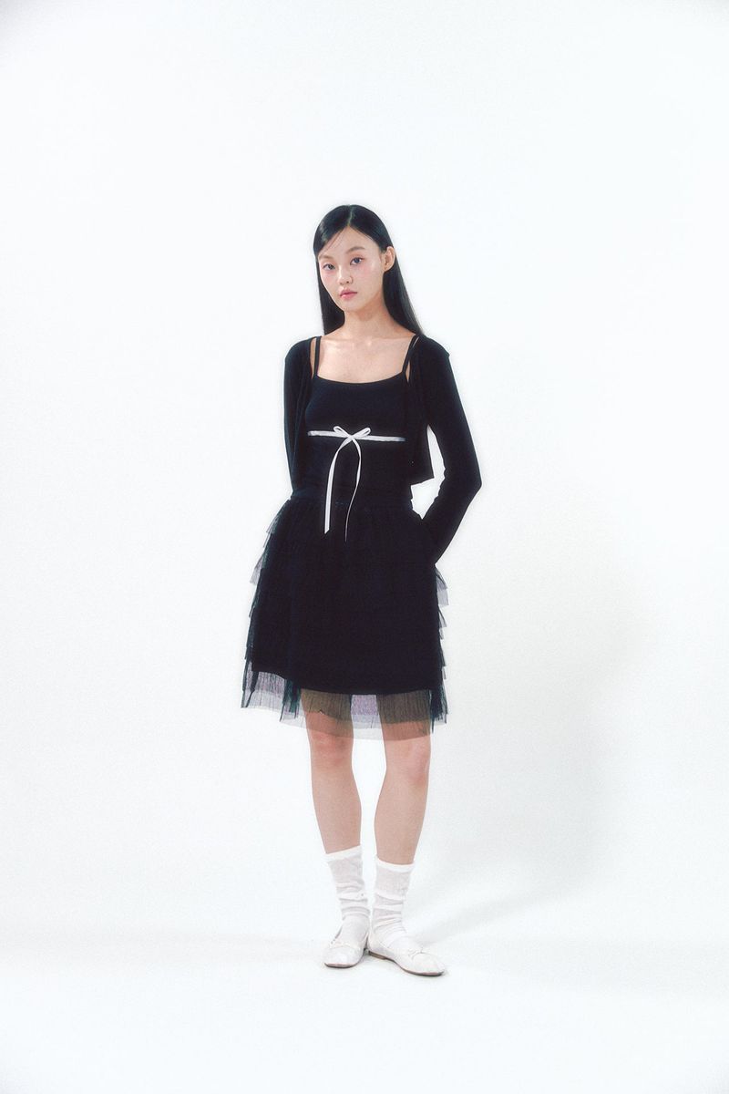Knit Ribbon Shirring Top Set Black