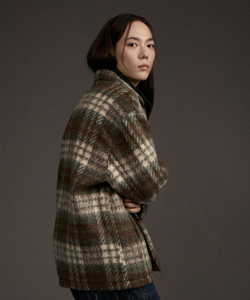 W COZY HAIRY CHECK JACKET KHAKI