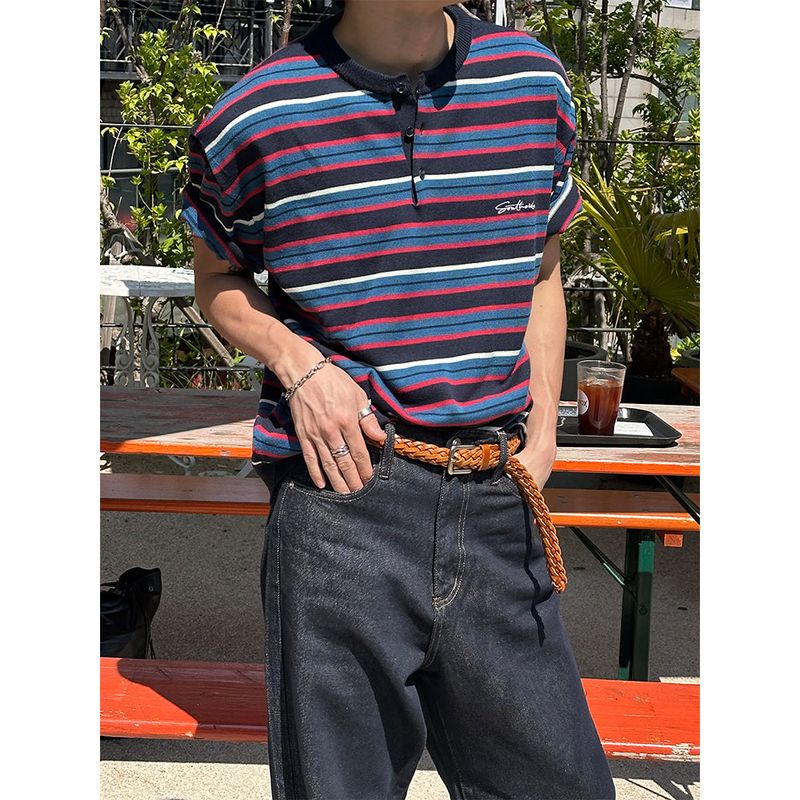 [S/S] Multi stripe henry neck half knit(3color)