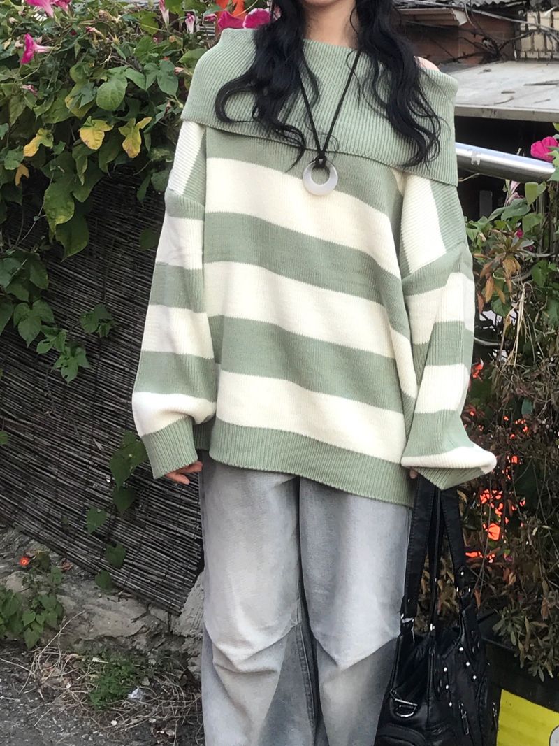 Off-shoulder Oversized Fit Stripe Knitwear