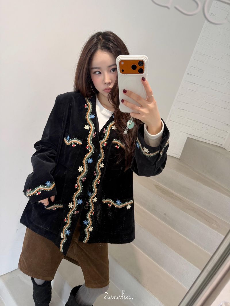 French velvet embroidered no collar jacket