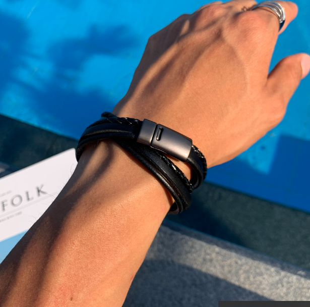 bead three-string twist leather bracelet