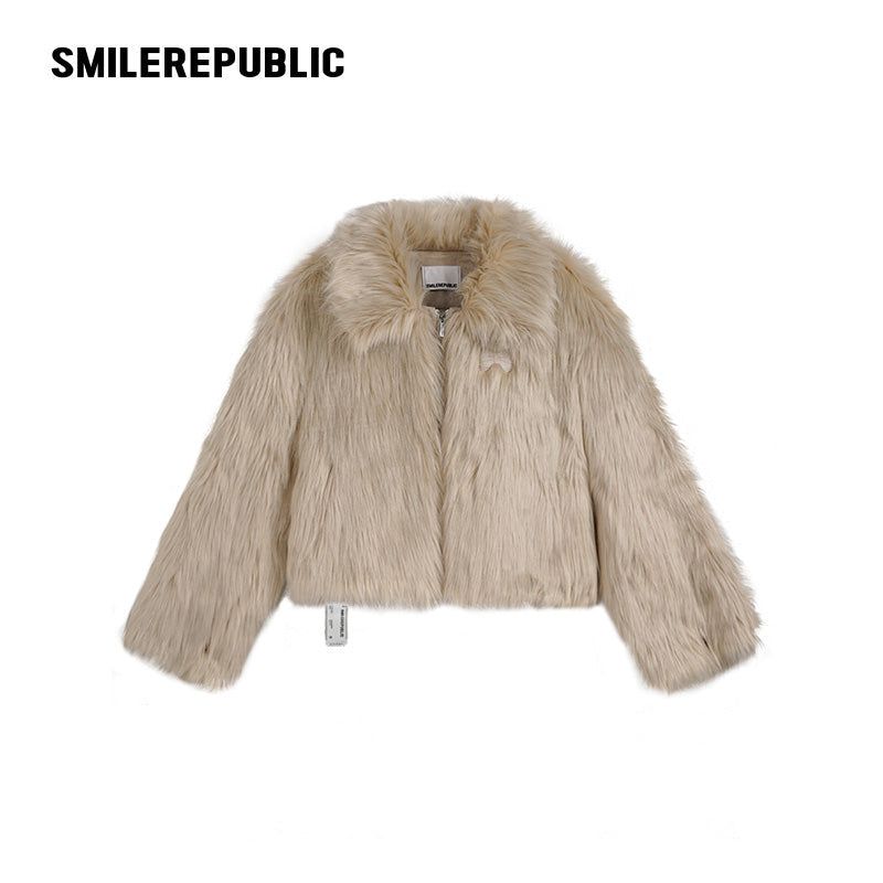 Women's Acrylic Blend Faux Fur Cropped Zip Jacket with Embroidered Back Logo, Casual Winter Outerwear