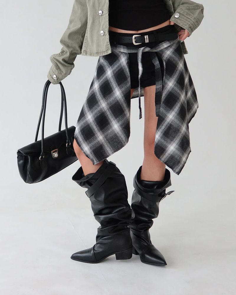 Wrinkle Shirring Belt Western Wide Long Boots