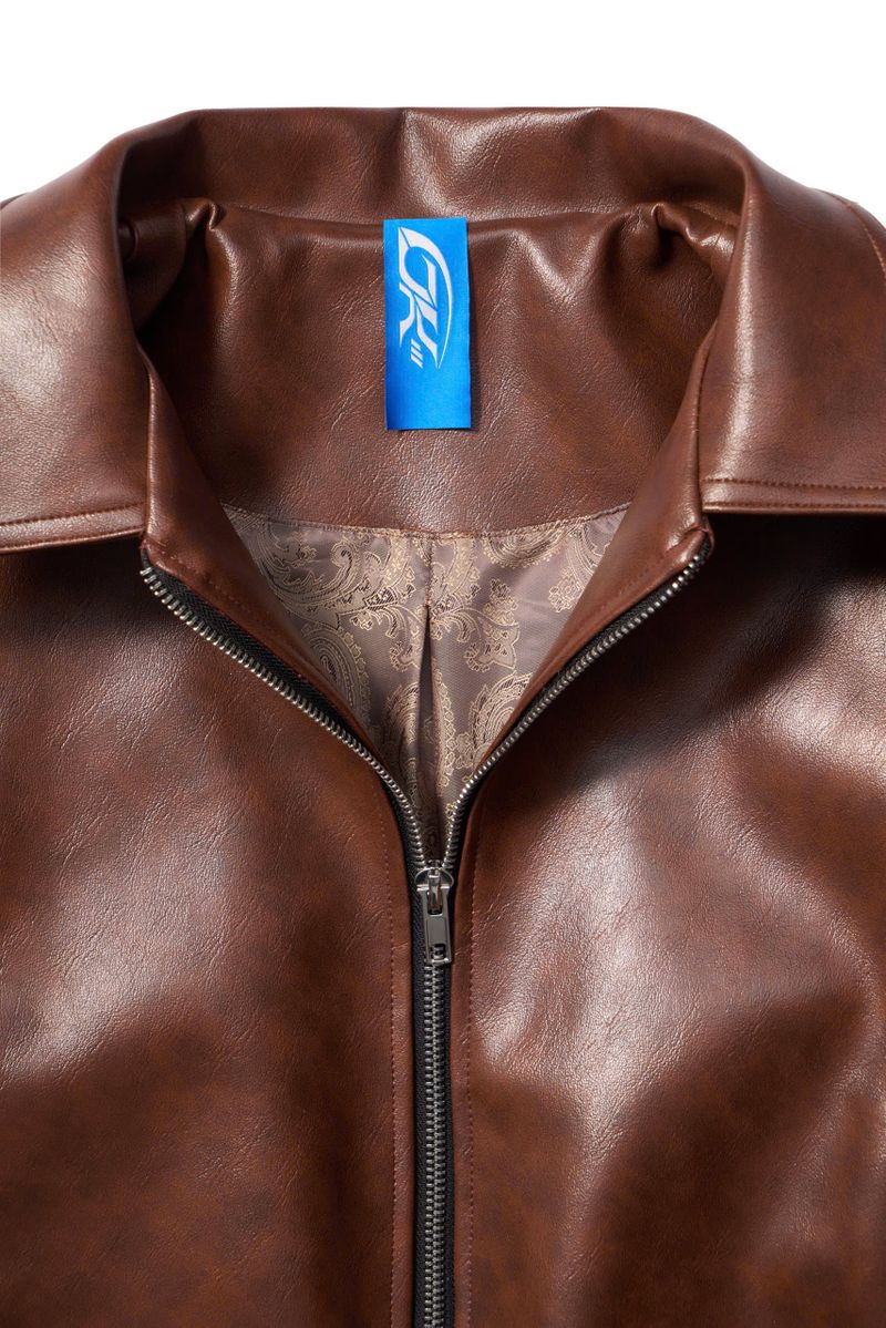 OVERSIZED LEATHER BOMBER JACKET (Brown)
