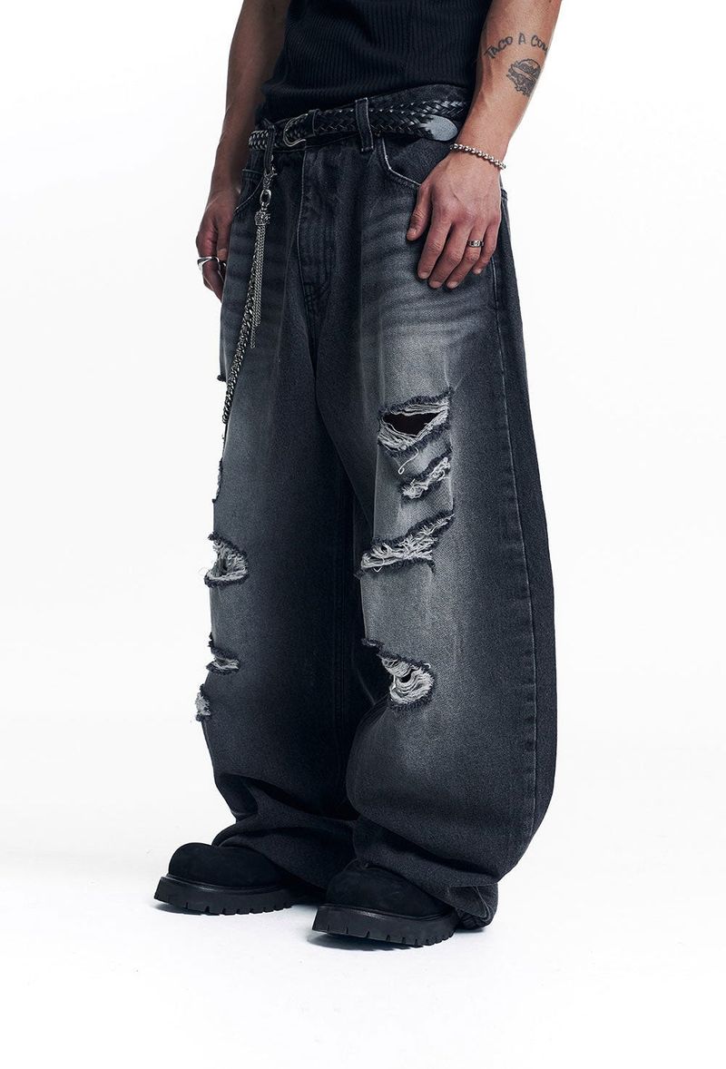 Distressed Curved Denim Pants - Black