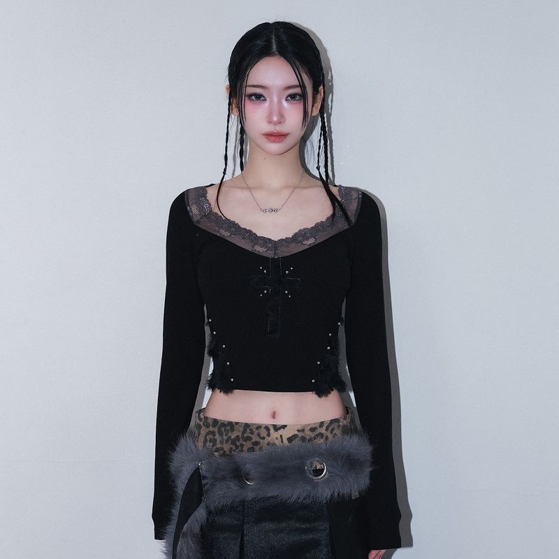 cross patch lace sleeve - black