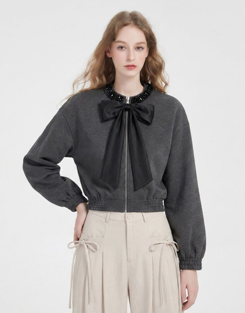 Muse Sequin Ribbon Cropped Zip-Up Charcoal