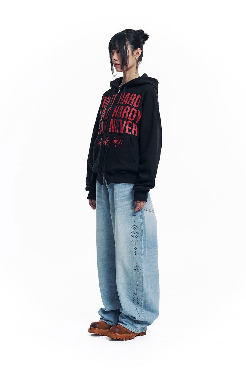Curved Western Stud Denim Pants - Light Blue