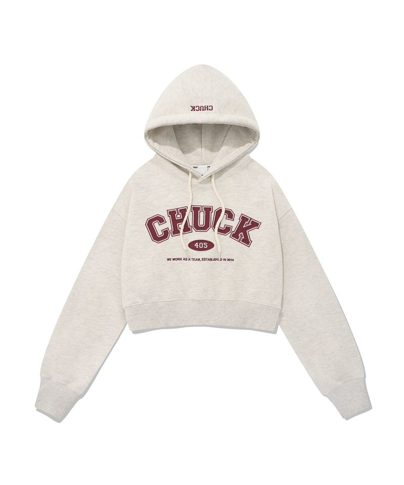 CHUCK(チャック)の「アップリケアーチロゴクロップフーディ/CHUCK APPLIQUE ARCH LOGO CROP HOODIE (OATMEAL)(Tops)」
